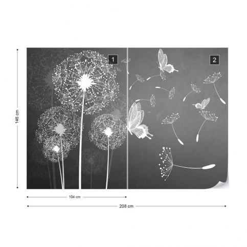 GLIX Fototapeta - Modern Dandelions And Butterflies Grey And White Vliesová tapeta  - 208x146 - GLIX DECO s.r.o.