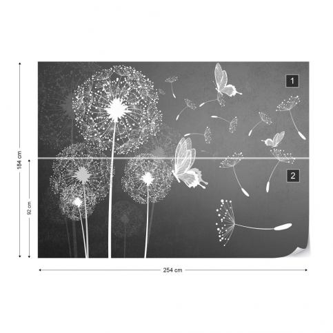 GLIX Fototapeta - Modern Dandelions And Butterflies In Grey Vliesová tapeta  - 254x184 cm - GLIX DECO s.r.o.