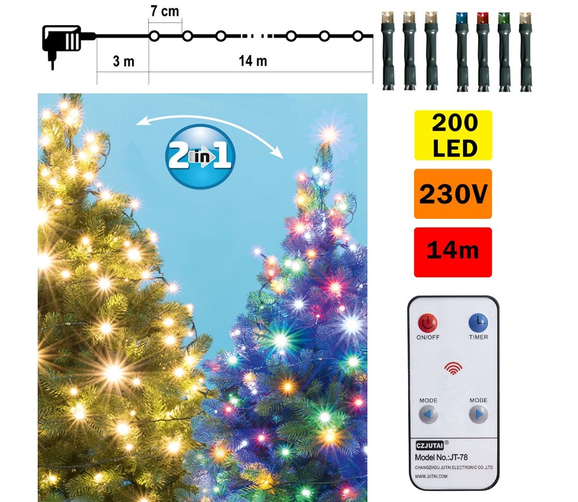  LED Vánoční venkovní řetěz 200xLED 17m IP44 teplá bílá/multicolor + DO  -  Svět-svítidel.cz