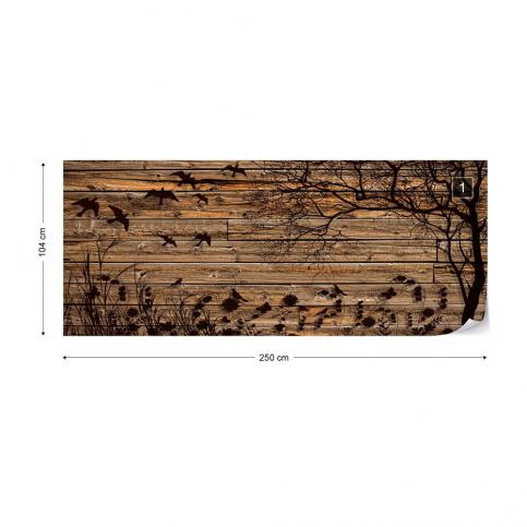 GLIX Fototapeta - Rustic Birds And Tree Silhouette Wood Plank Texture Vliesová tapeta  - 250x104 - GLIX DECO s.r.o.