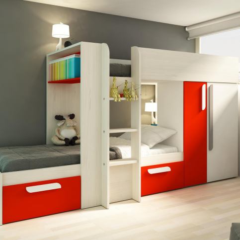 Patrová postel pro dvě děti Bo1 90x190 - bělená borovice, červená - Nábytek aldo - NE