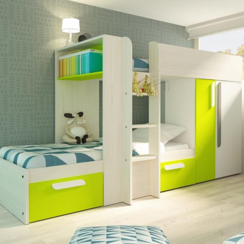 Patrová postel pro dvě děti Bo1 90x190 - bělená borovice, zelená - Nábytek aldo - NE