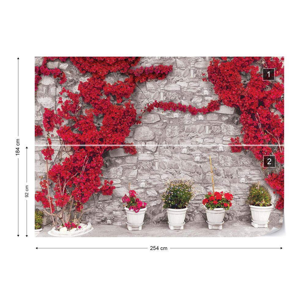 Fototapeta GLIX - Red Flowers Old Stone Wall 4 + lepidlo ZDARMA Papírová tapeta  - 254x184 cm - GLIX DECO s.r.o.