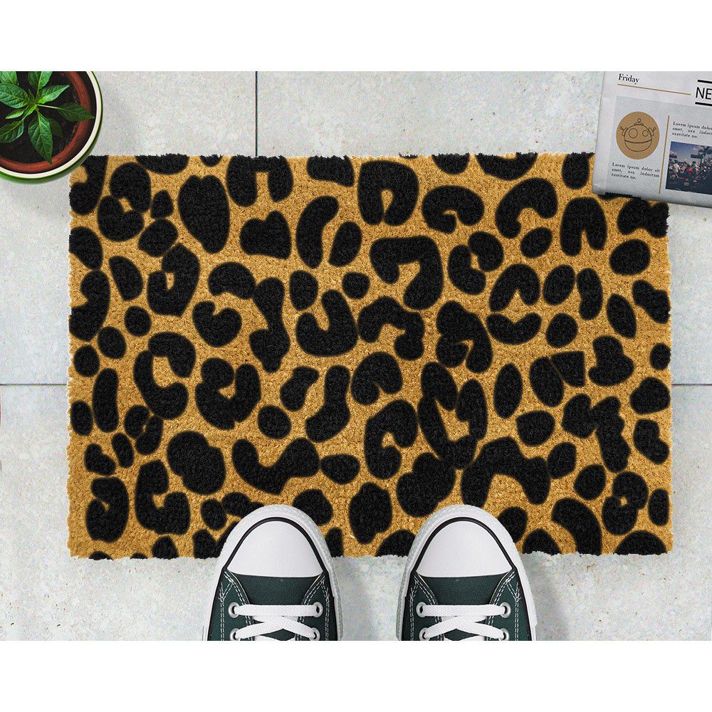 Černá rohožka z přírodního kokosového vlákna Artsy Doormats Leopard, 40 x 60 cm - Bonami.cz