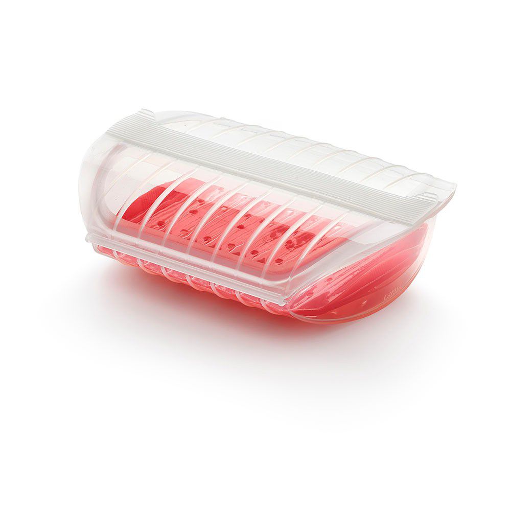 Transparetní silikonová nádoba s červeným táckem na vaření s táckem v páře pro 3- 4 porce Lékué Steam Case - Bonami.cz