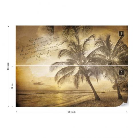 GLIX Fototapeta - Beach Palms Sepia Vintage Script Papírová tapeta  - 254x184 cm - GLIX DECO s.r.o.