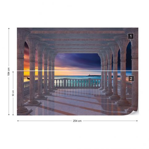 GLIX Fototapeta - Beach Sunset 3D View Through Columns Papírová tapeta  - 254x184 cm - GLIX DECO s.r.o.