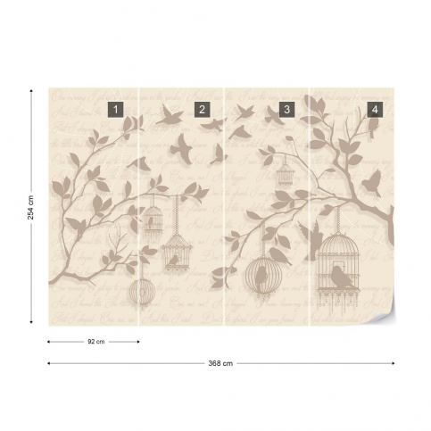 GLIX Fototapeta - Cherry Blossom And Birds Vintage Design Yellow Papírová tapeta  - 368x254 - GLIX DECO s.r.o.