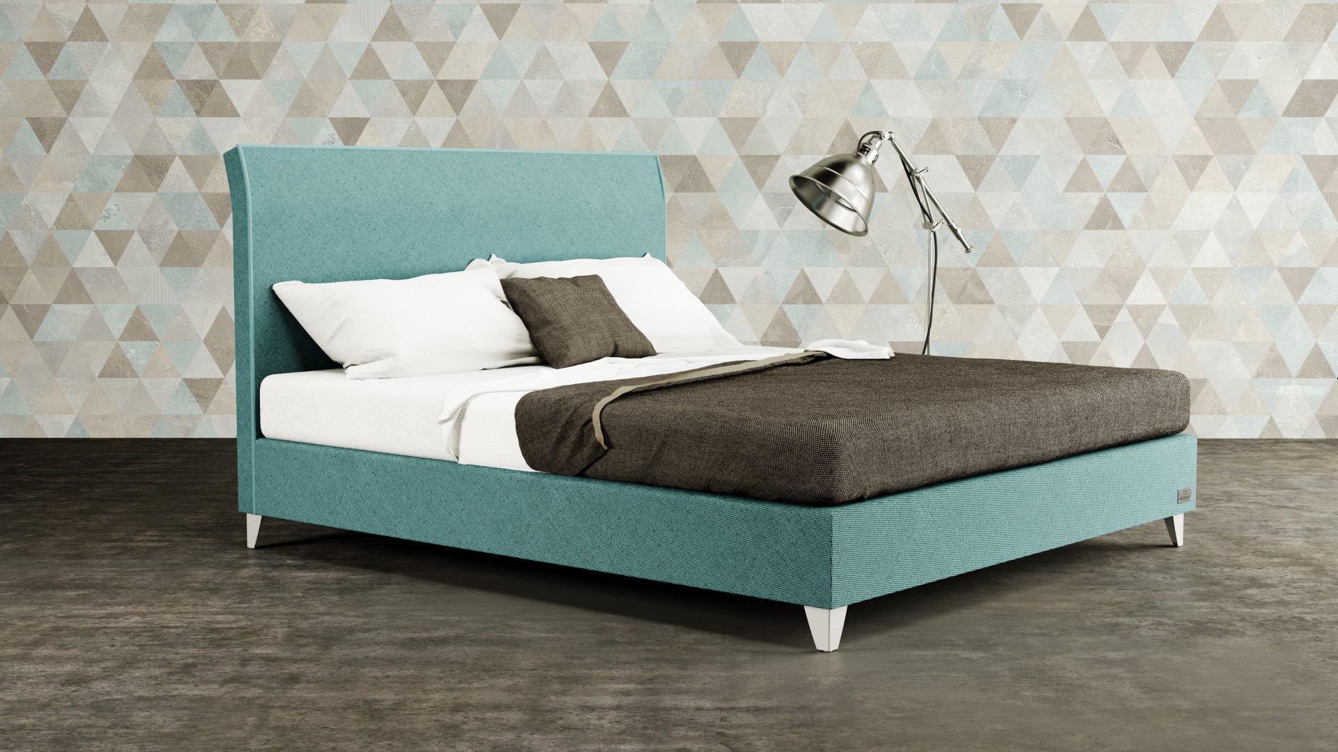 Dizajnová postel v provedení designové lůžko s úložným prostorem, na nožičkách polygon.