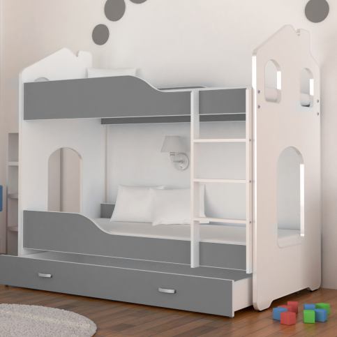 Dětská patrová postel PATRIK Domek + matrace + rošt ZDARMA, 160x80, bílá/šedá - VÝPRODEJ - Expedo s.r.o.