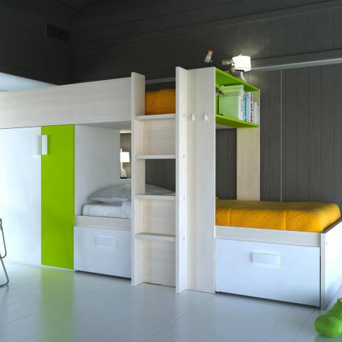 Patrová postel pro dvě děti Bo3 - bělená borovice, zelená - Nábytek aldo - NE