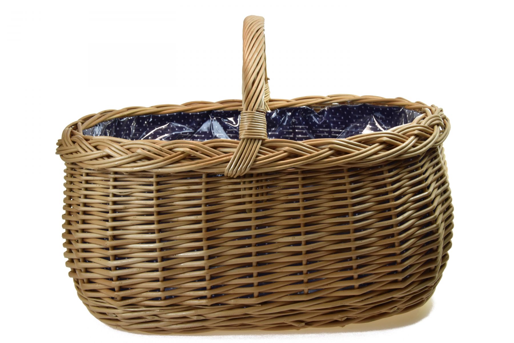 Vingo Proutěný nákupní koš s igelitovou vložkou a modrou látkou Rozměry (cm): 51x36, v. 35 - Vingo