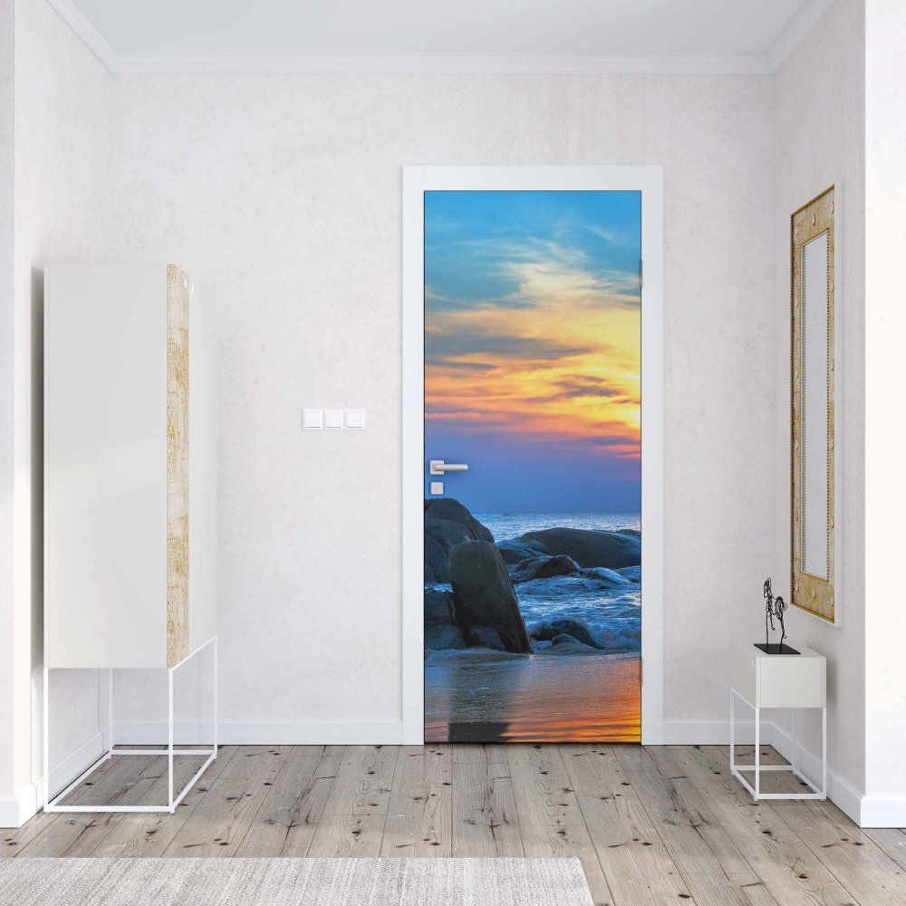 GLIX Fototapeta na dveře - Beach Rocks Sea Sunset | 91x211 cm - GLIX DECO s.r.o.