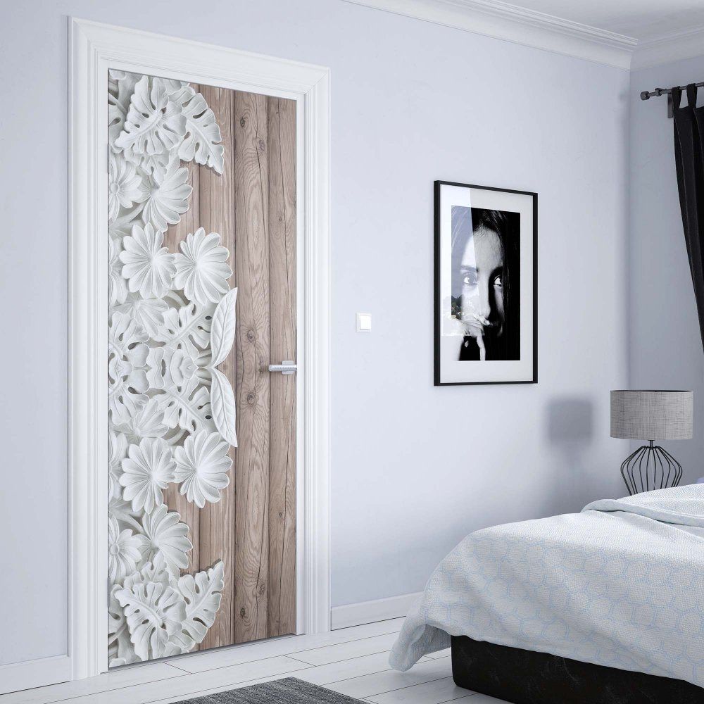GLIX Fototapeta na dveře - Vintage Chic 3D Carved White Flowers Wood Plank Texture | 91x211 cm - GLIX DECO s.r.o.