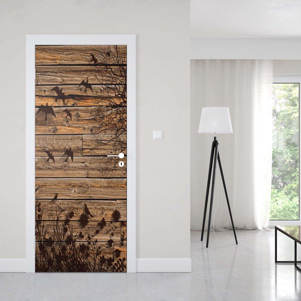 GLIX Fototapeta na dveře - Rustic Birds And Tree Silhouette Wood Plank Texture | 91x211 cm - GLIX DECO s.r.o.