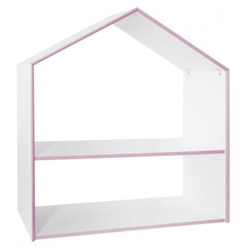 Emako Bílý regál ve tvaru domečku se dvěma policemi, růžovým lemováním a šesti barevnými plastovými  - EMAKO.CZ s.r.o.