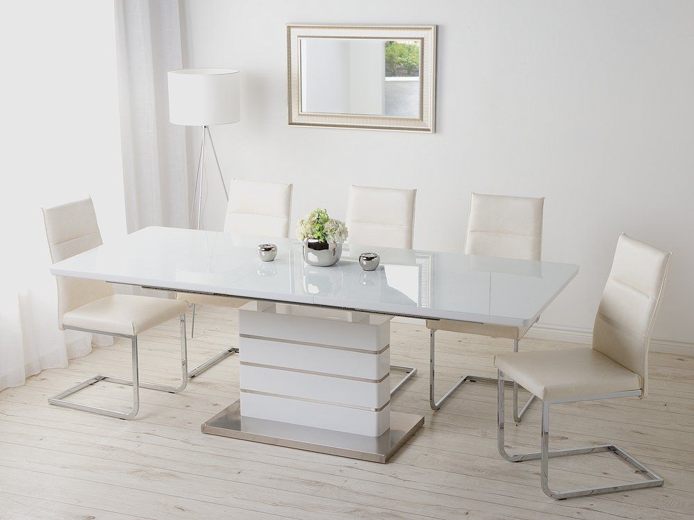 Rozkládací bílý jídelní stůl se základnou s nerezové oceli 180/220 x 90 cm HAMLER - Beliani.cz