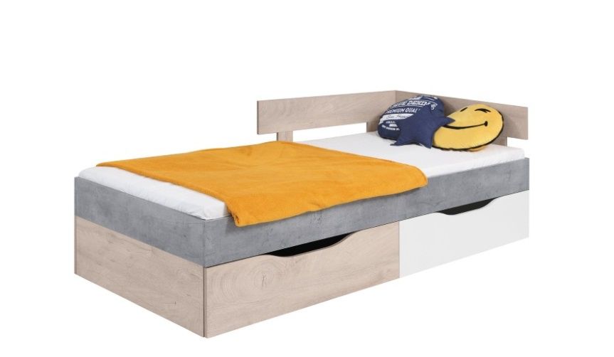Dětská postel Omega 90x200cm s úložným prostorem - bílá/dub/beton - Nábytek Harmonia s.r.o.