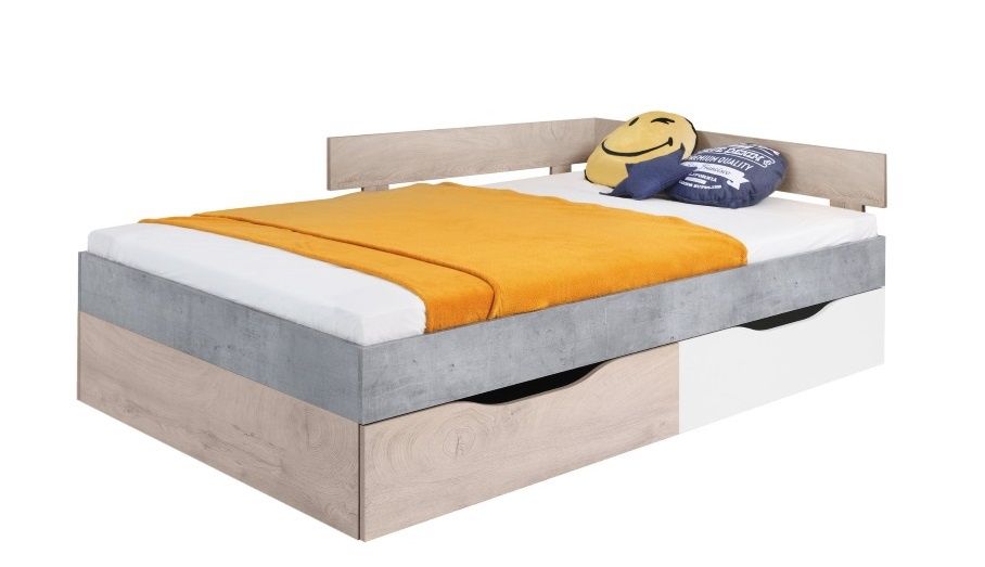 Studentská postel Omega 120x200cm s úložným prostorem - bílá/dub/beton - Eurokosik.cz