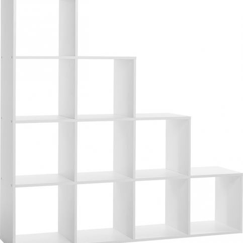 FARELA Schodovitý regál s 10 úložnými prostory, 140 cm, bílá, čtvercové police, úložný - M DUM.cz