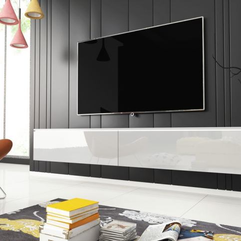 TV stolek MENDES D 180, 180x30x32, bílá/bílá lesk, bez LED osvětlení - VÝPRODEJ Č. - Expedo s.r.o.