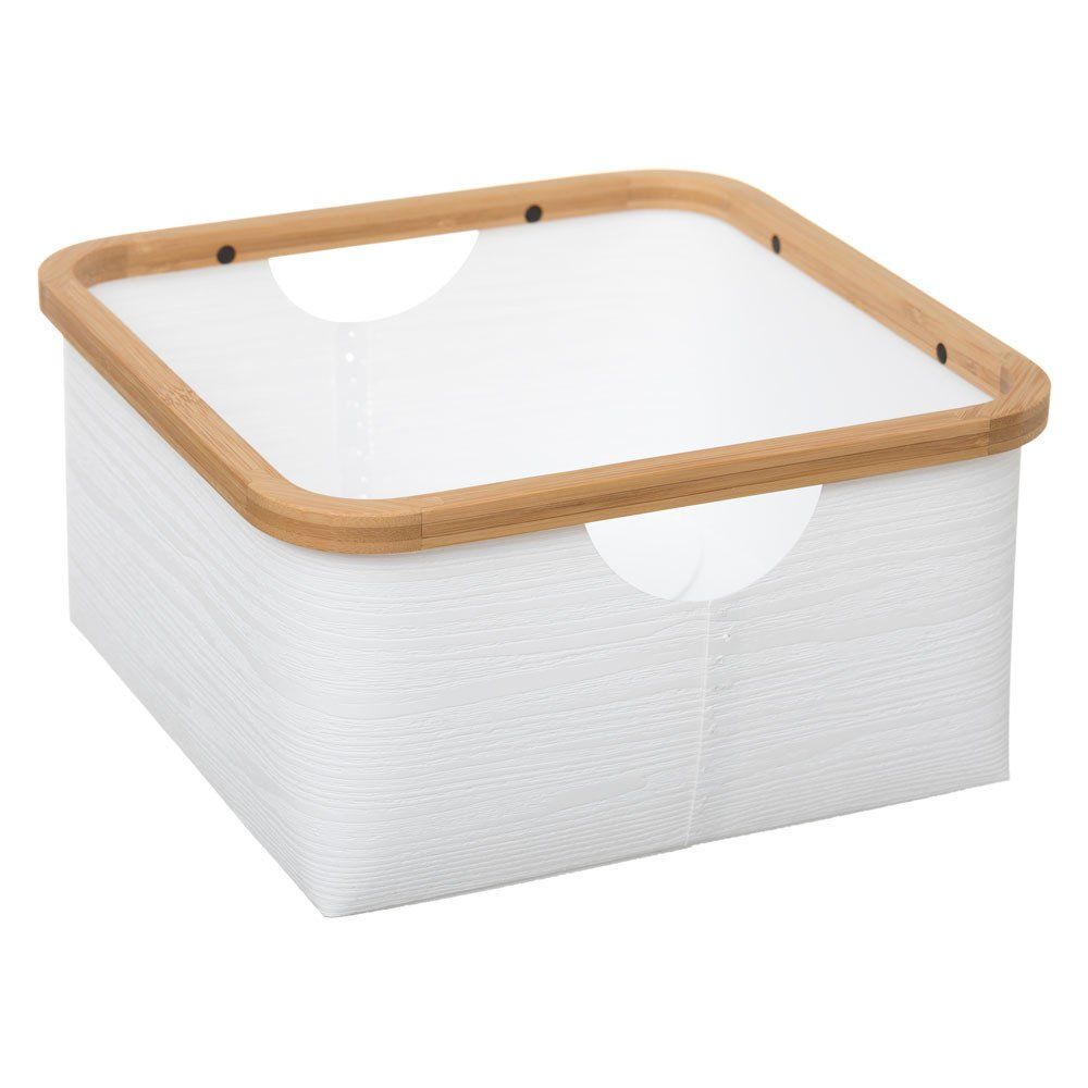Emako Úložný košík bílé barvy s bambusovou obrubou ve tvaru čtverce, BAMBOO BASKET M WHITE - EMAKO.CZ s.r.o.