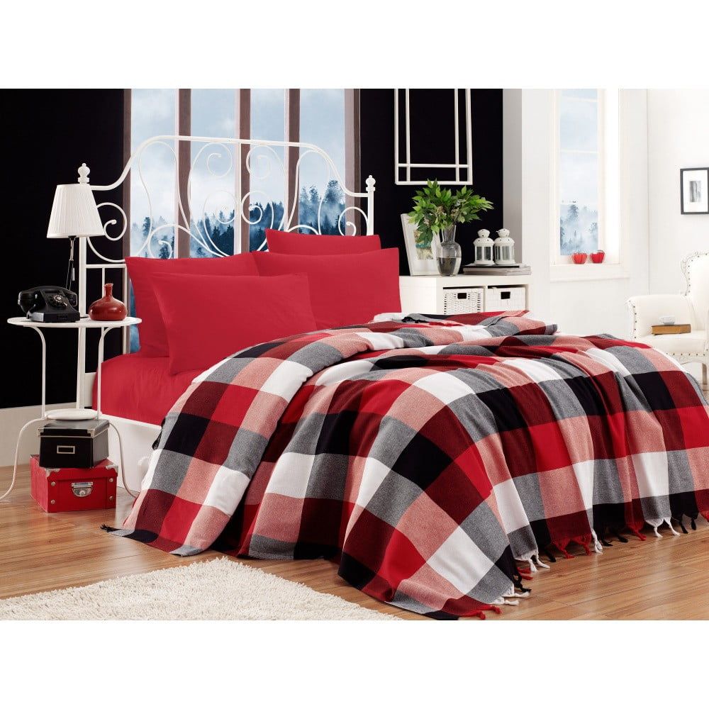 Set bavlněného přehozu přes postel, prostěradla a 2 povlaků na polštář Iskoc Red Black White, 200 x 240 cm - Bonami.cz