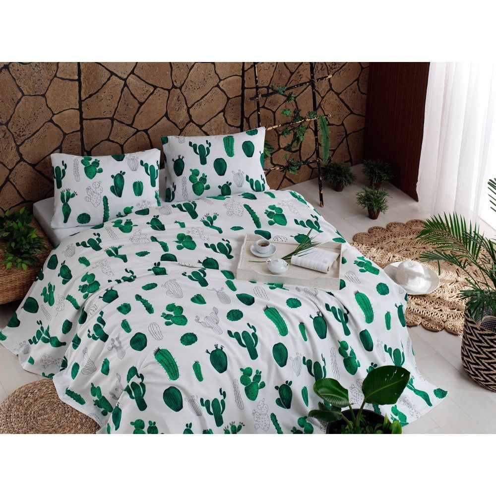 Set bavlněného přehozu přes postel, prostěradla a 2 povlaků na polštář Kaktus Green, 200 x 235 cm - Bonami.cz
