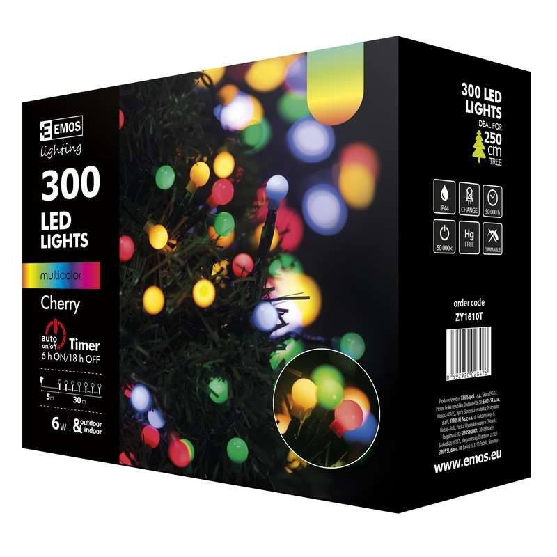 Emos ZY1610T LED vánoční řetěz Cherry 30m 6W | IP44 | 300 žárovek - multicolor, časovač - Dekolamp s.r.o.