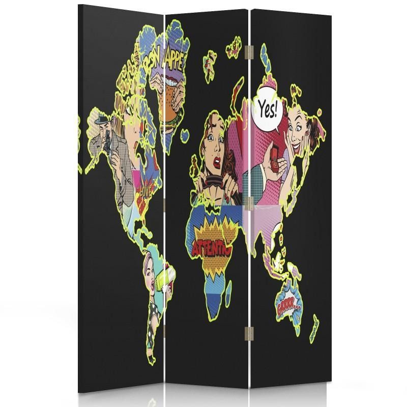 Paraván - A Black Map Of The World Pop Art | trojdílný | oboustranný 110x150 cm - GLIX DECO s.r.o.