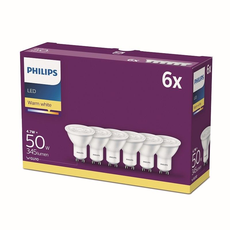 Philips LED žárovka 82995000 230 V, GU10, 4.7 W = 50 W, teplá bílá, A+ (A++ - E), reflektor, 6 ks - Dekolamp s.r.o.