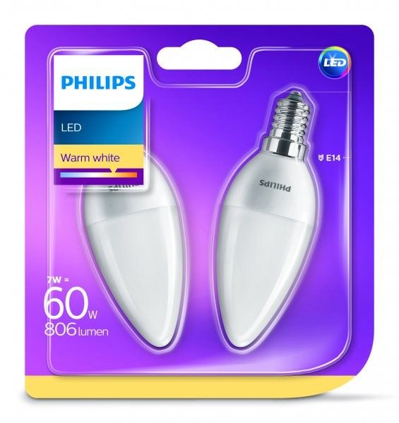 Philips LED žárovka E14 B38 FR WW 7W 60W teplá bílá 2700K , svíčka, 2ks - Dekolamp s.r.o.