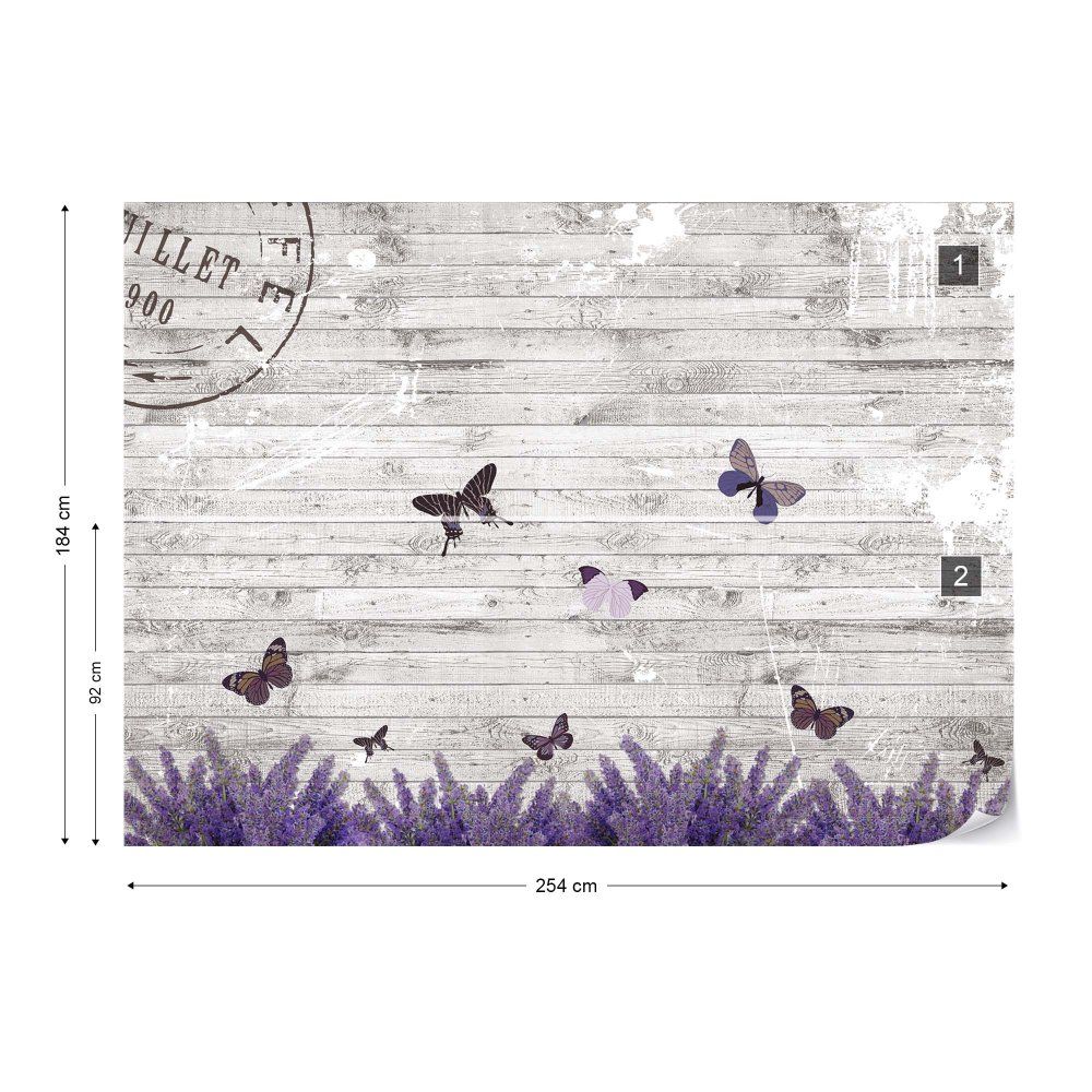 Fototapeta GLIX - Butterflies Lavender Flowers Vintage Wood + lepidlo ZDARMA Vliesová tapeta  - 254x184 cm - GLIX DECO s.r.o.