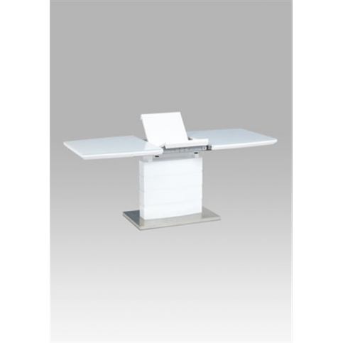 Rozkládací jídelní stůl HT-440 WT (bílý lesk, bílé sklo / broušený nerez) - Rafni