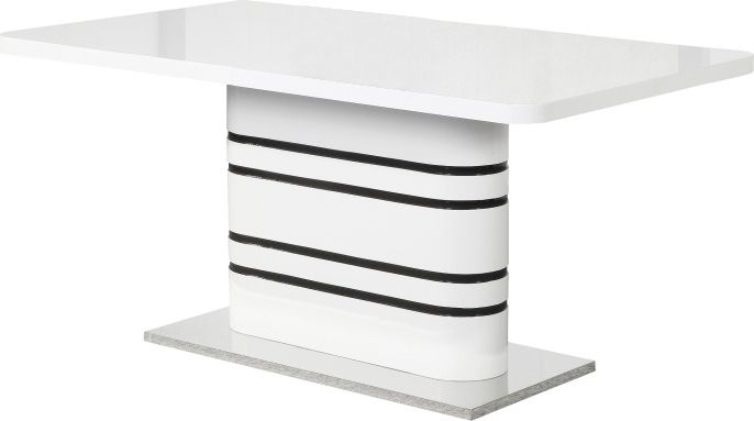Jídelní rozkládací stůl, bílá vysoky lesk HG / černé pásky, 160-220x90 cm, TUBAL Mdum - M DUM.cz