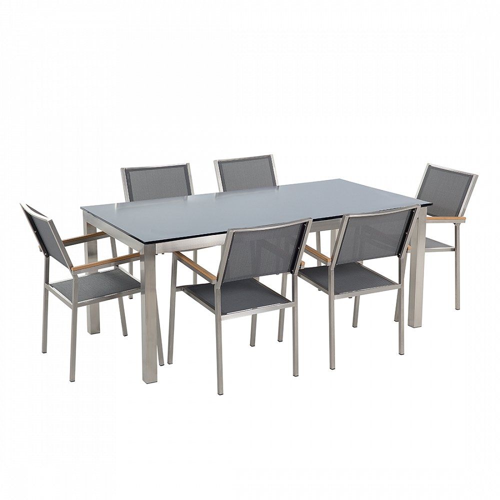 Sada zahradního nábytku stůl se skleněnou deskou 180 x 90 cm 6 šedých židlí GROSSETO - Beliani.cz
