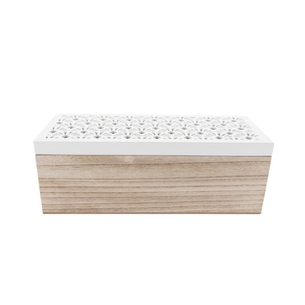 Dřevěná krabička s bílým vyřezávaným víkem se 3 přihrádkami - 23*9*8 cm Clayre & Eef - LaHome - vintage dekorace