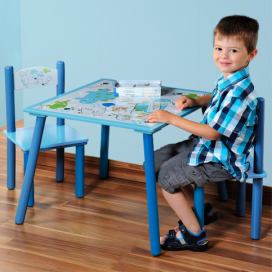 Kesper Dětský stůl se 2 židlemi ze dřeva, nábytek pro chlapce v modré barvě s motivem dinosaura
