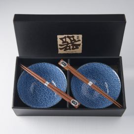 Made in Japan Set misek s hůlkami kvítky modrobílý 500 ml 2 ks