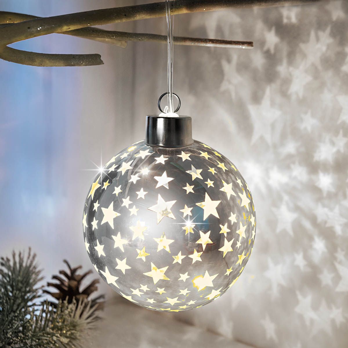 LED skleněná koule Hvězdičky, stříbrná - Velký Košík