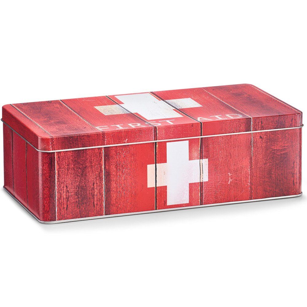 červená kovová lékárnička, kříž, nápis první pomoci, uzávěr víka, skladování domácí medicíny, Zeller - EMAKO.CZ s.r.o.