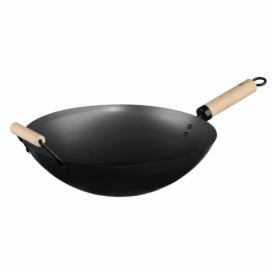 Emako Ocelová wok s dřevěnou rukojetí, pevná a praktická hluboká pánev pro orientální pokrmy