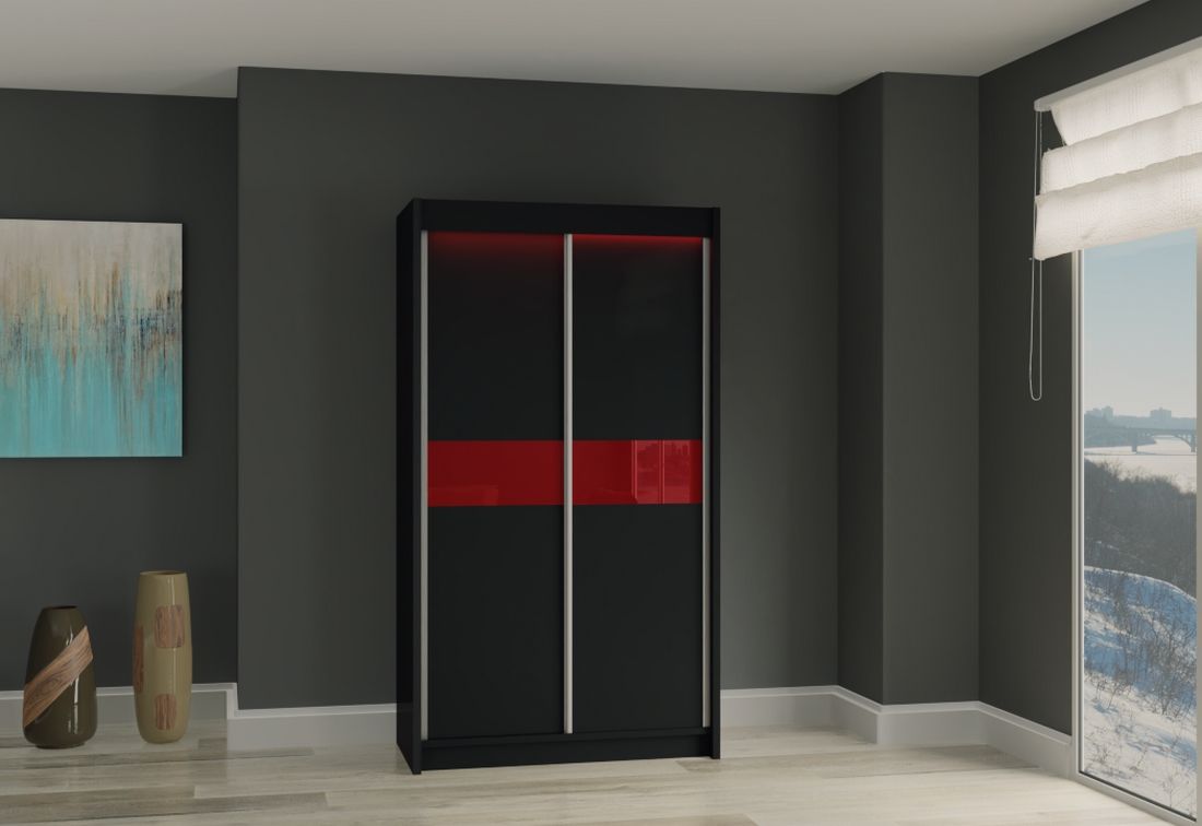 Skříň s posuvnými dveřmi ALEXA, černá/červené sklo, 120x216x61 - Expedo s.r.o.