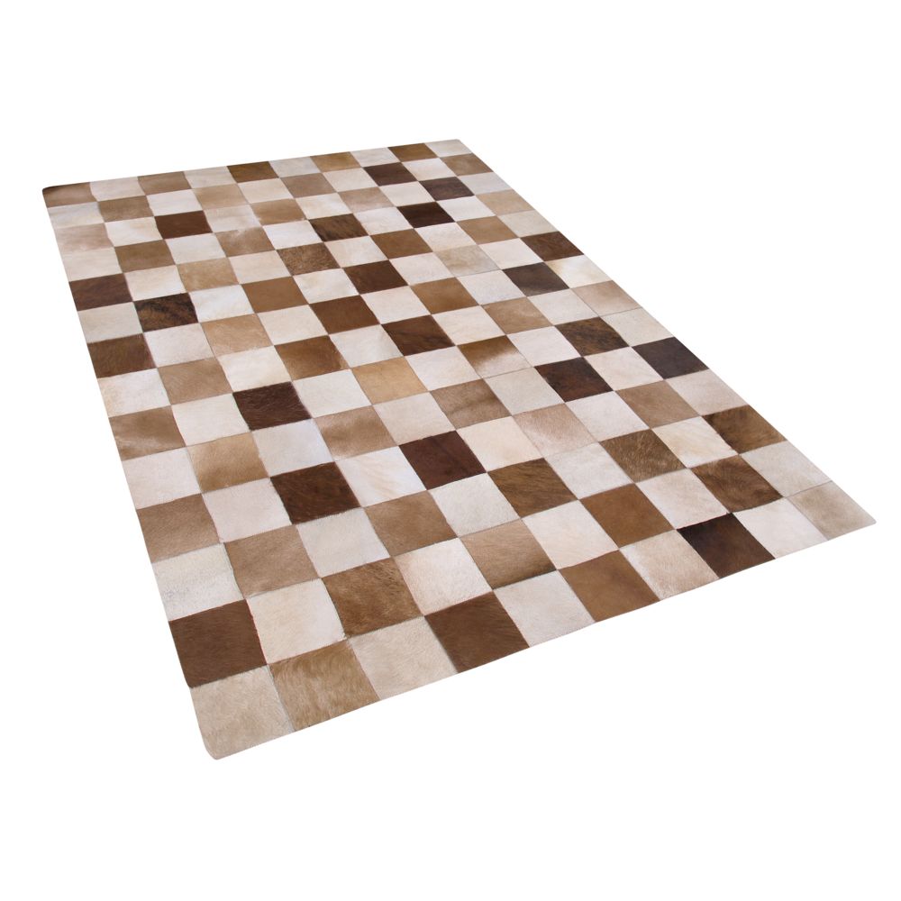 Kožený koberec hnědý s béžovou 140 x 200 cm SOLMAZ - Beliani.cz