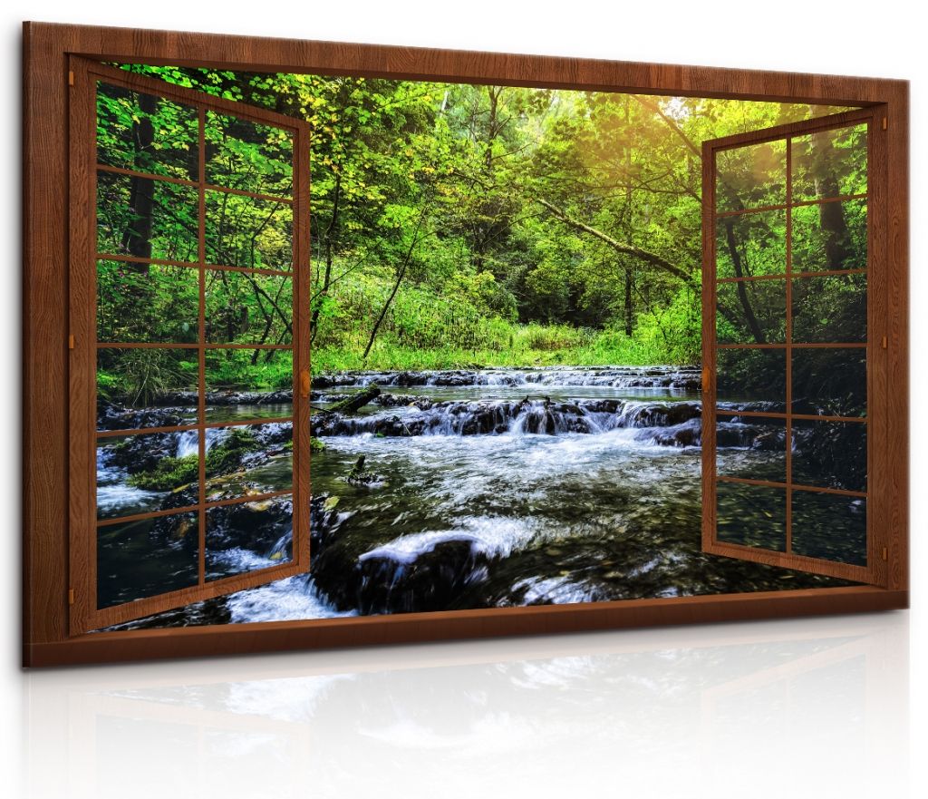 3D obraz dřevěné okno na řeku Velikost (šířka x výška): 120x80 cm - S-obrazy.cz
