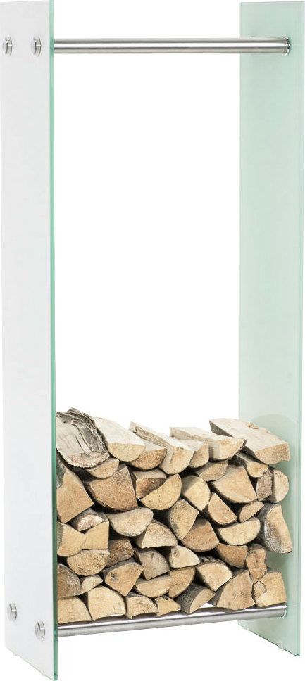 BHM Germany Stojan na krbové dřevo Malin, 40x150 cm, bílé sklo, nerezové příčky, funkční doplněk ke krbu, moderní design Barva: bílá / nerez - M DUM.cz