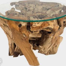 FaKOPA Odkládací stolek sklo - dřevo, podnož z kořene teakového dřeva Gemma Mdum