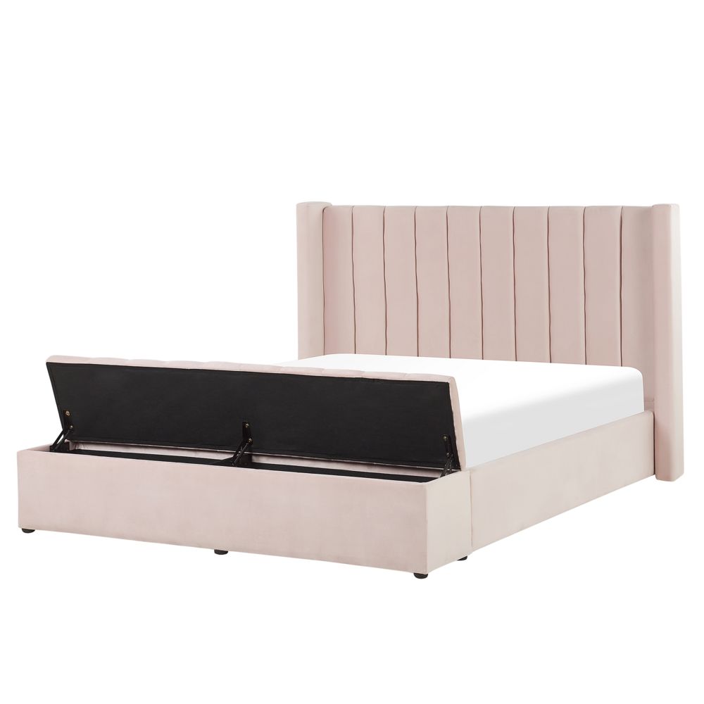 Růžová čalouněná sametová postel s malým úložným prostorem 160 x 200 cm NOYERS - Beliani.cz