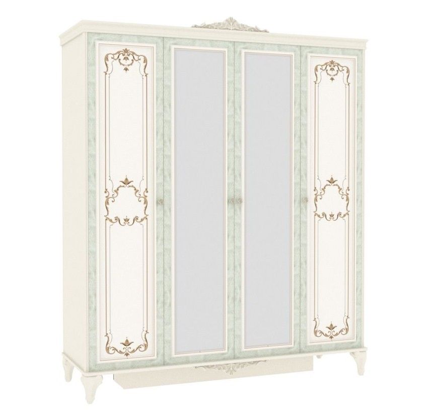 Čtyřdveřová šatní skříň se zrcadlem Margaret - alabastr/zelená - Nábytek Harmonia s.r.o.