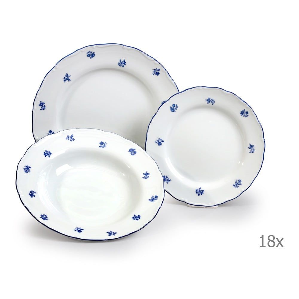 Sada 18 porcelánových talířů s modrou kytičkou Thun Ophelia - Bonami.cz